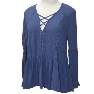 🎈 American Eagle Outfitters AEO Boho Blue Tunic Top Size Small Lace Up Front